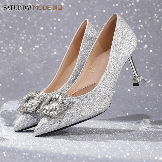 Saturday Elegant Lady Style High-heeled Shoes Spring and Autumn New Flash Diamond Pointed Square Buckle Stiletto Wedding Shoes Shallow Mouth Single Shoes