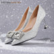 Saturday Elegant Lady Style High-heeled Shoes Spring and Autumn New Flash Diamond Pointed Square Buckle Stiletto Wedding Shoes Shallow Mouth Single Shoes