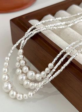 S999足银碎银子珍珠项链简约ins法式高级轻奢女友情人节闺蜜礼物