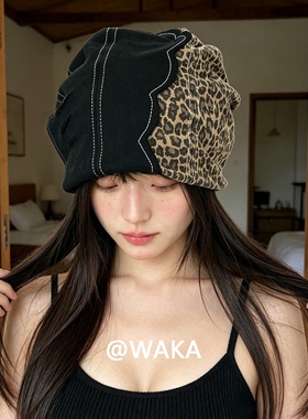 WAKA美式复古豹纹拼接堆堆帽街头风破线冷帽四季百搭显脸小帽子