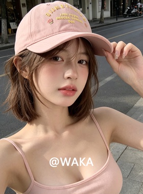 WAKA 粉色字母玫瑰刺绣棒球帽韩系显脸小大头围潮款遮阳鸭舌帽