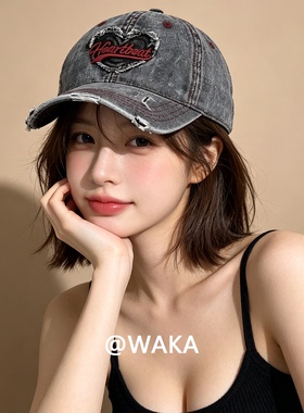 WAKA美式复古爱心刺绣做旧鸭舌帽