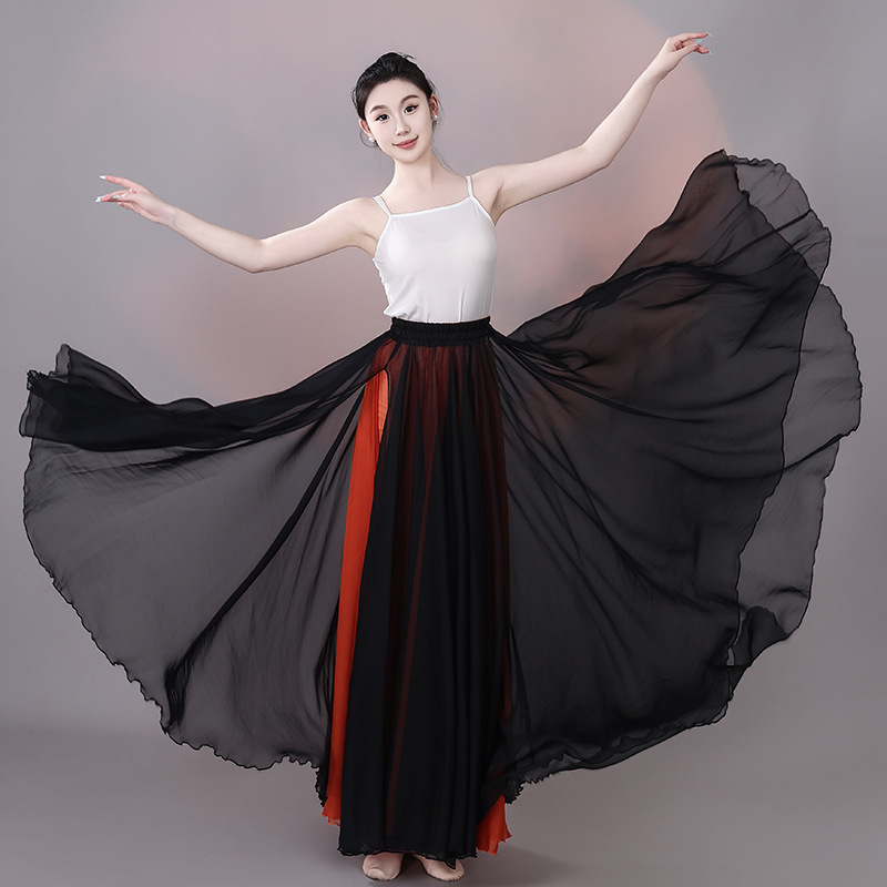 古典舞橙黑色双层天丝大摆裙720度超大裙摆舞蹈服中国舞开叉舞裙 - 图2