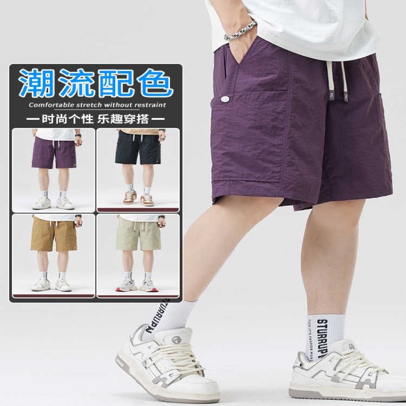 抽绳冰丝五分短裤男2025夏季薄款直筒速干裤子宽松夏装抽绳沙滩裤 - 图1