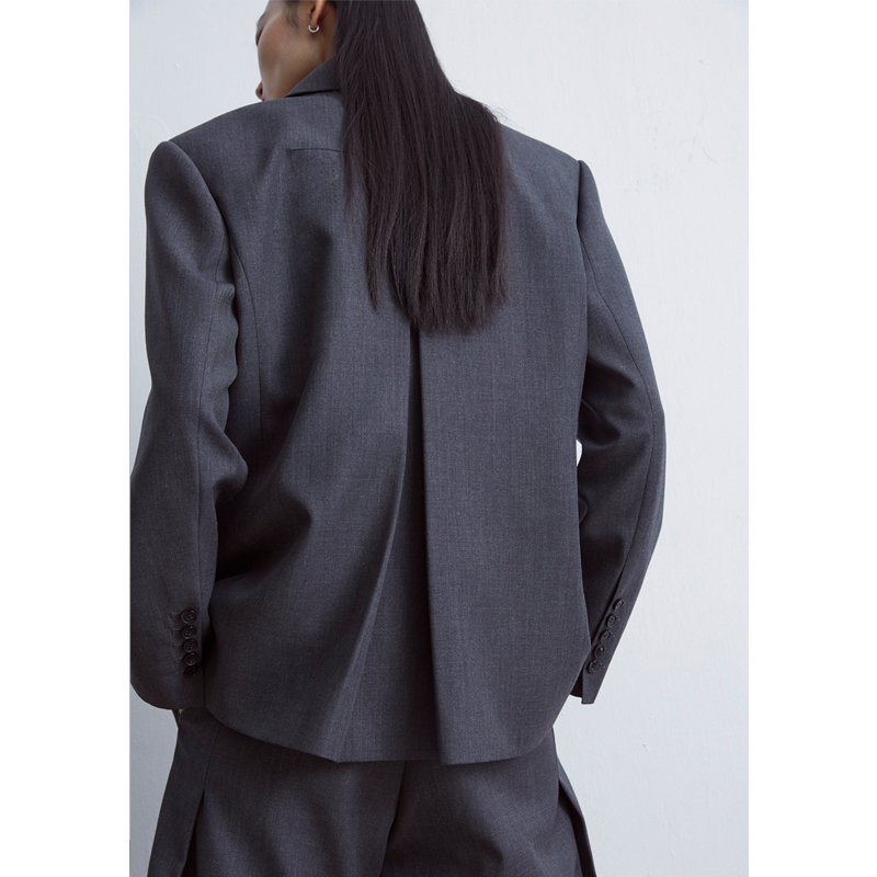 TRINITE设计师品牌炭灰进口羊毛混纺面料对褶宽肩男友风宽松西服-图2