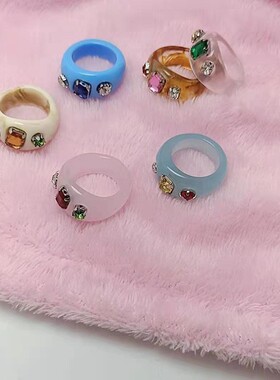 创意镶钻果冻色食指戒树脂复古
