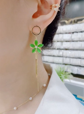 不对称绿色花朵流苏耳坠长款耳饰