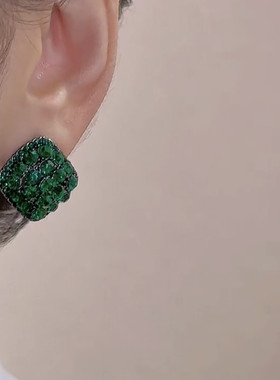 超闪绿色满钻水晶方形耳钉女韩国