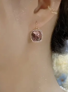 气质轻奢紫色方形水晶耳环耳扣女