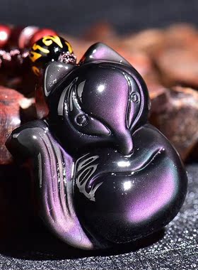 天然挂坠墨西哥彩虹眼黑曜石狐狸