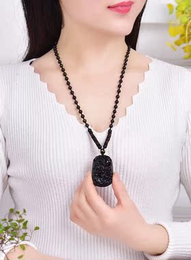 天然黑曜石十二生肖男女项链属龙吊坠 精工雕刻 做工精美