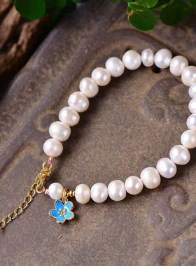 单圈手串蓝色百搭天然珍珠