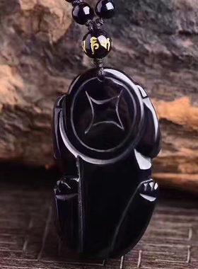 天然项链磨砂黑曜石貔貅吊坠