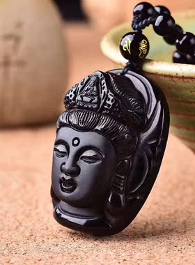 天然黑曜石项链观音吊坠