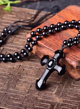 天然磨砂黑曜石男女款十字架吊坠