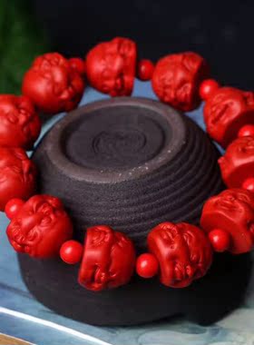 天然红朱砂佛头手链 朱砂笑佛弥勒佛佛珠手串 男女款