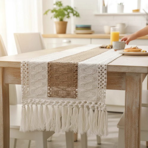 棉麻桌旗拼色棉麻打结镂空流苏餐桌装饰茶席家居少数民族风 - 图2