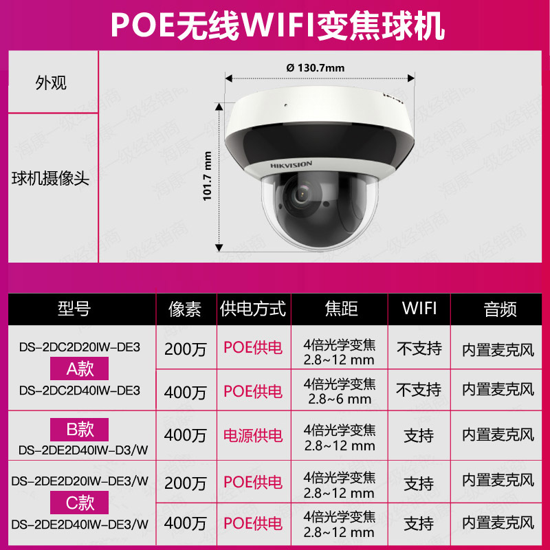 海康威视400万室内网络POE变焦云台球机摄像头2D20 2D40IW-DE3/W - 图0