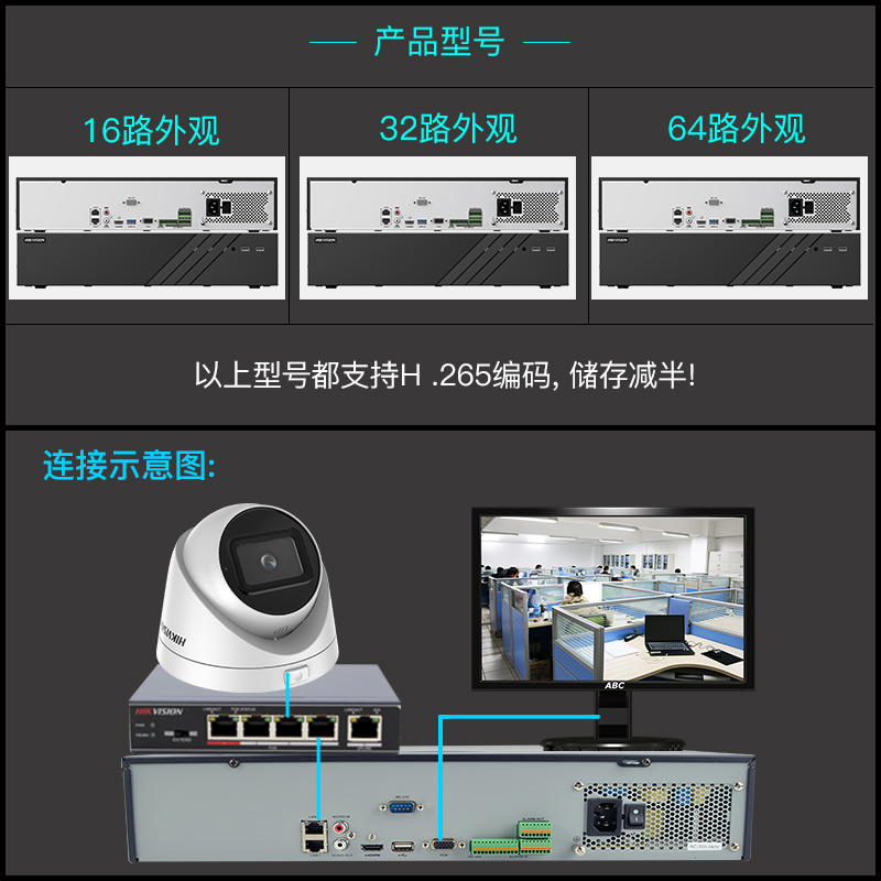 海康威视64路网络16盘硬盘录像机监控主机32路8盘位8832 8864N-R8