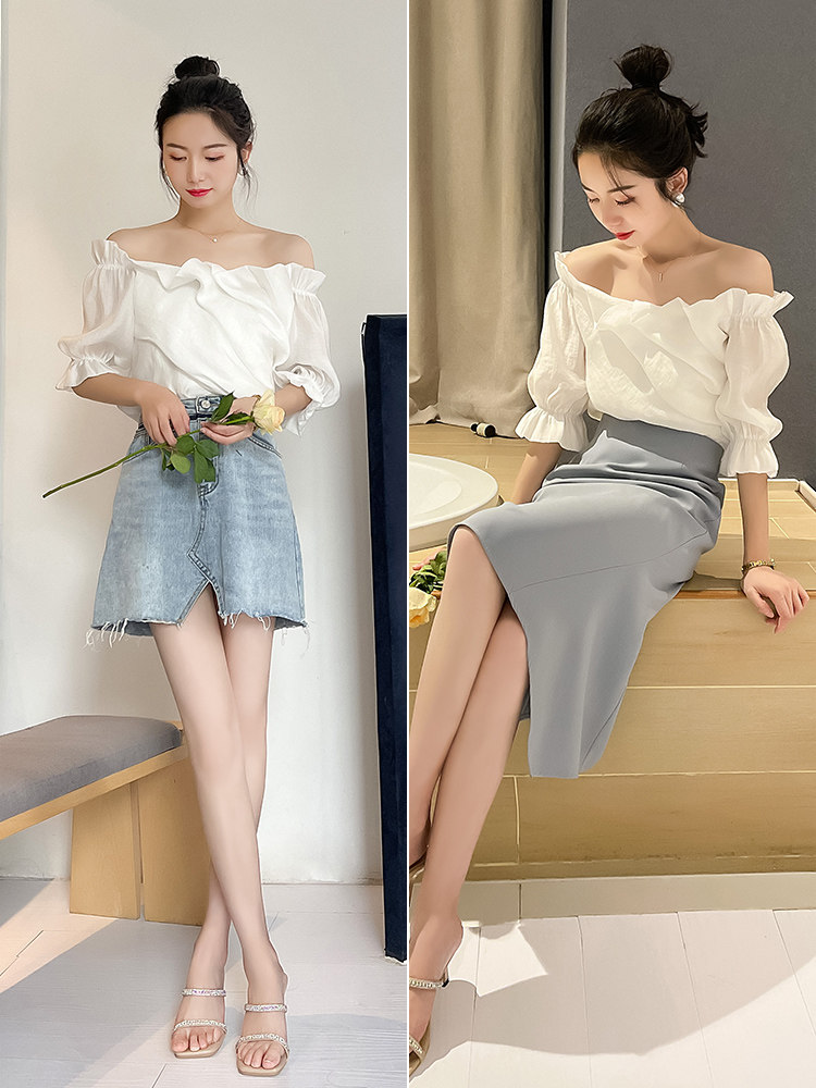 法式锁骨一字肩夏季设计感感雪纺衫 jajp蕾丝衫/雪纺衫