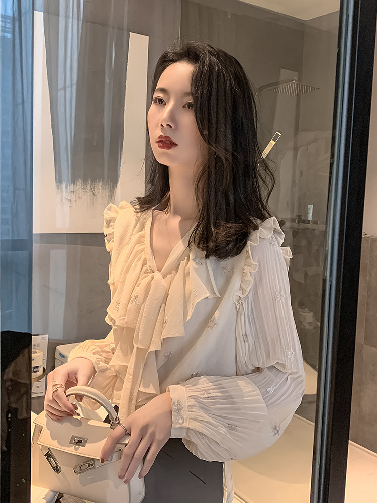 秋气质设计感荷叶边小众长袖女衬衫 jajp衬衫