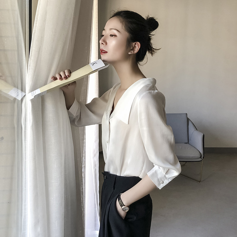 雪纺设计感小众2020夏季v领白衬衫 jajp衬衫