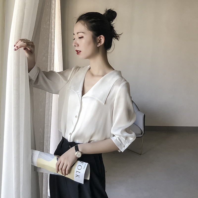 雪纺设计感小众2020夏季v领白衬衫 jajp衬衫