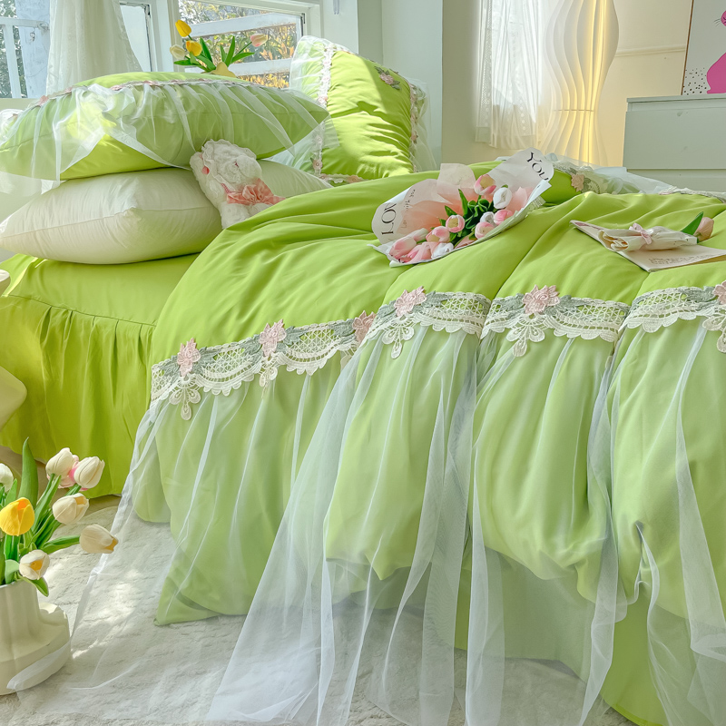 ins小清新绿色四件套少女心公主蕾丝白纱花边床裙单双人床上用品