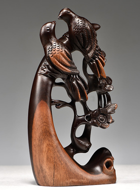 黑檀木雕刻喜上眉梢根雕喜鹊摆件家居客厅玄关装饰工艺品乔迁送礼