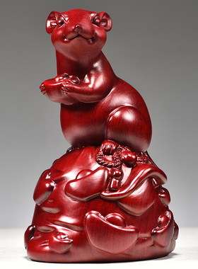 红色木质老鼠摆件吉祥物生肖木雕鼠金元宝布袋家居装饰客厅工艺品