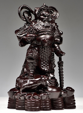 黑檀实木雕刻赵公明摆件站立武财神像客厅五路财神佛像桌面工艺品