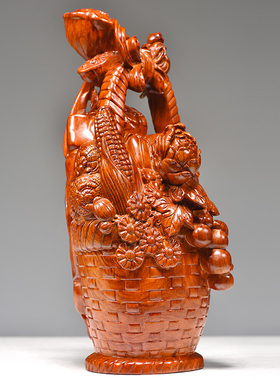 花梨实木雕刻花篮大丰收摆件实木客厅玄关电视柜装饰红木质工艺品