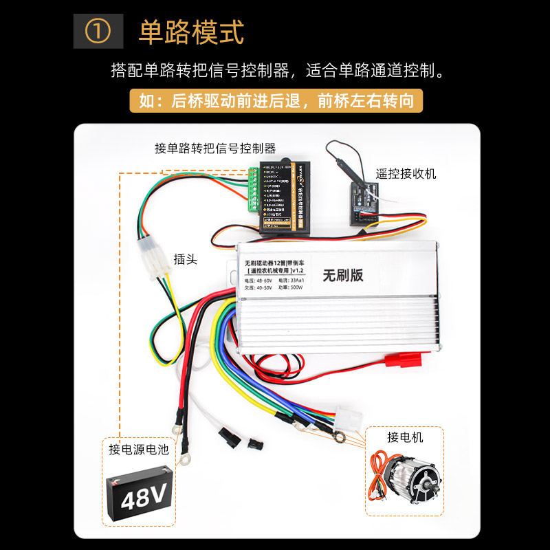 电动三轮马达无刷控制器遥控农机驱动套装带倒车割草机运输车打药