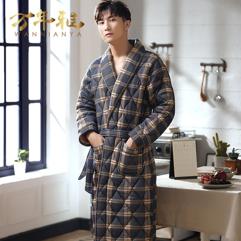 秋冬季男士纯棉夹棉长款加大码睡袍 万年雅内衣睡袍/浴袍