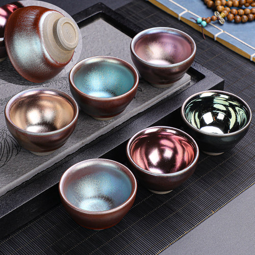 高质感小口径彩金盏杯建盏茶杯6只客人杯喝茶茶碗陶瓷礼盒装轻奢 - 图1