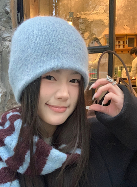 初恋蓝色双层加厚针织帽保暖冷帽