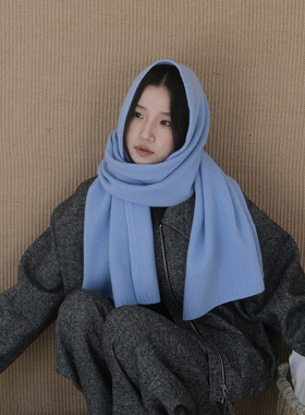 自制蓝色100%羊毛围巾女围脖披肩
