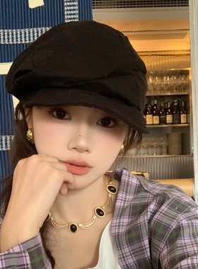 日系黑色报童帽女夏季褶皱画家帽