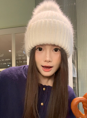 高级真狐狸毛球兔毛针织帽女冬季