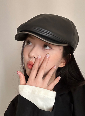 休闲PU皮前进帽秋冬鸭舌帽男女