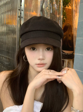 老钱风亚麻黑色平顶报童帽画家帽