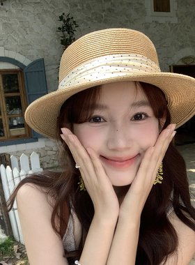 法式波点织带草帽女夏季遮阳帽