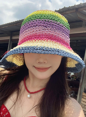 甜美彩虹拼色草帽女夏渔夫帽