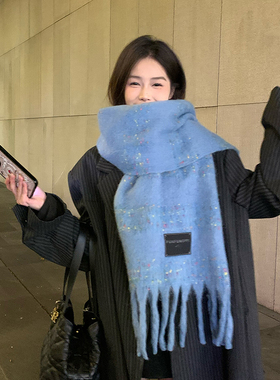 日系海盐蓝色仿羊绒围巾情侣冬季