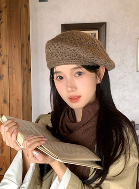 章若楠同款钩花贝雷帽子女秋冬