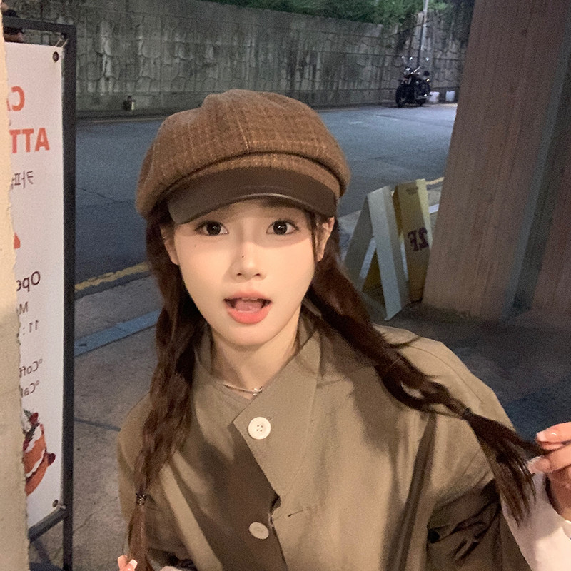 日系复古毛呢拼pu皮八角帽子女秋冬文艺报童帽格纹贝雷帽女画家帽