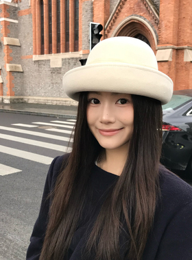 小众高级卷边盆帽白色羊毛小礼帽