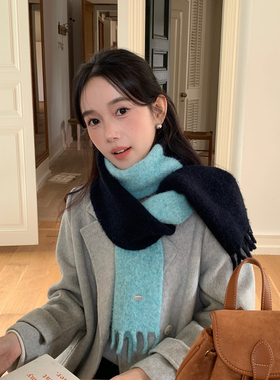 初恋蓝色拼色针织围巾女保暖围脖