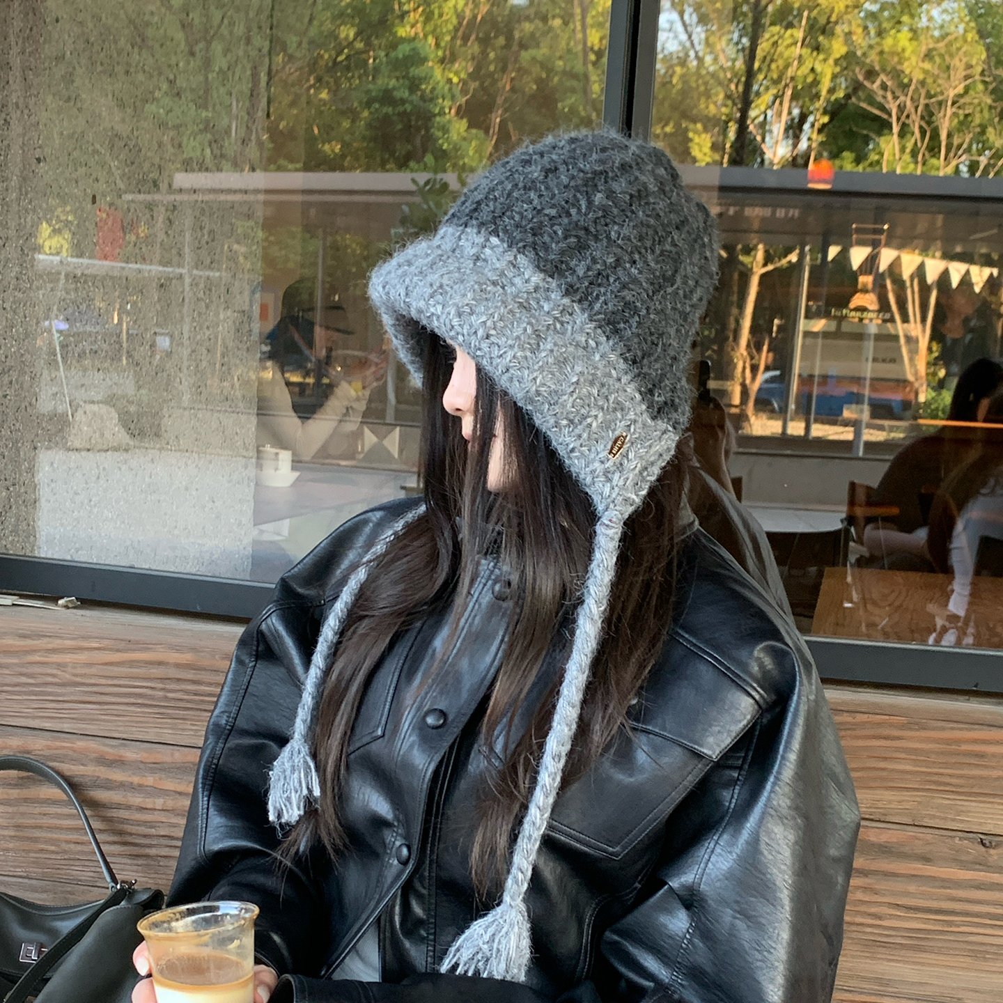 大头围针织帽子女冬季保暖雷锋帽骑行护耳毛线帽辫子巴拉克拉法帽 - 图0