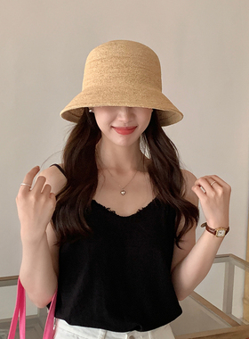 法式优雅拉菲草草帽夏渔夫帽女